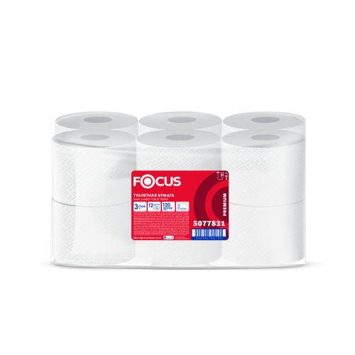 5077831 Туалетная бумага Focus Jumbo Premium в средних рулонах трехслойная, 12 рулонов по 120 метров